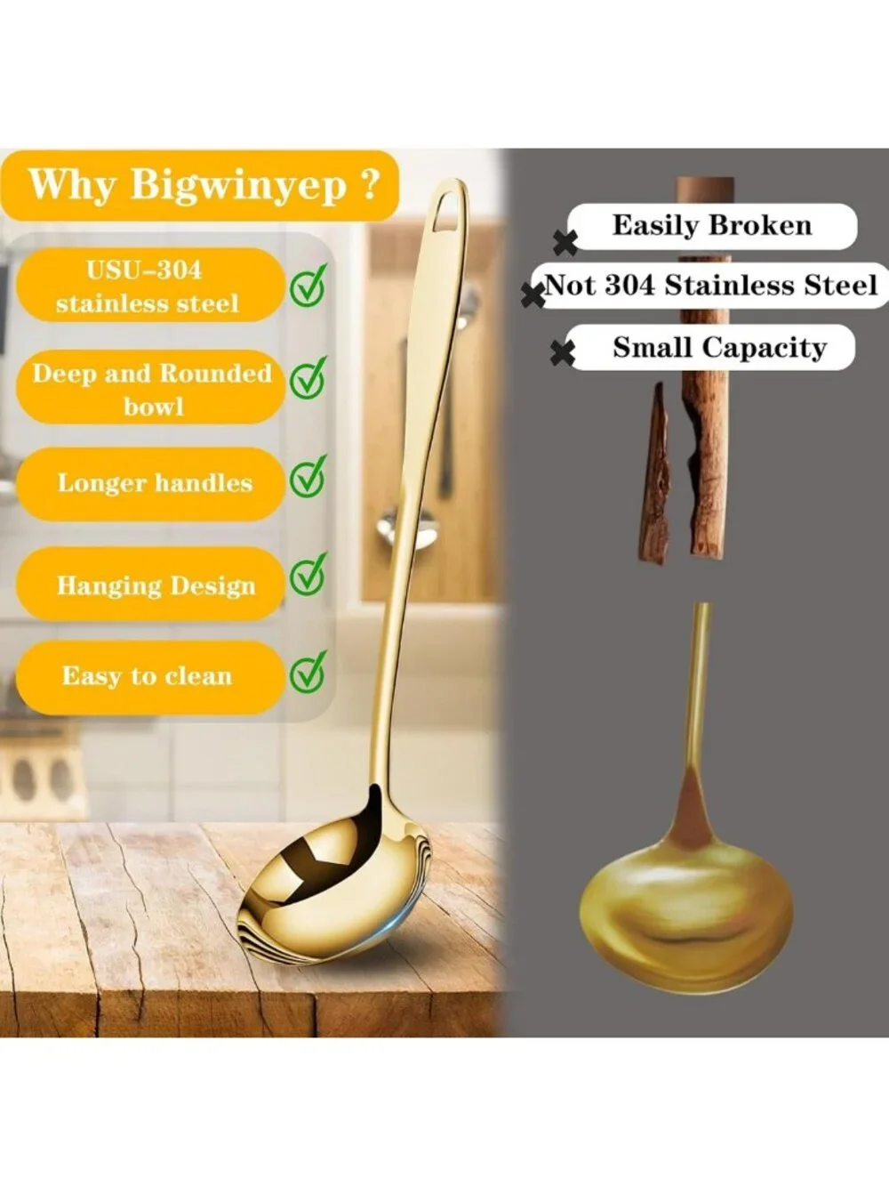 2Pcs Gold Stainless Steel Soup Ladles - Long Handle Serving Spoons for Cooking